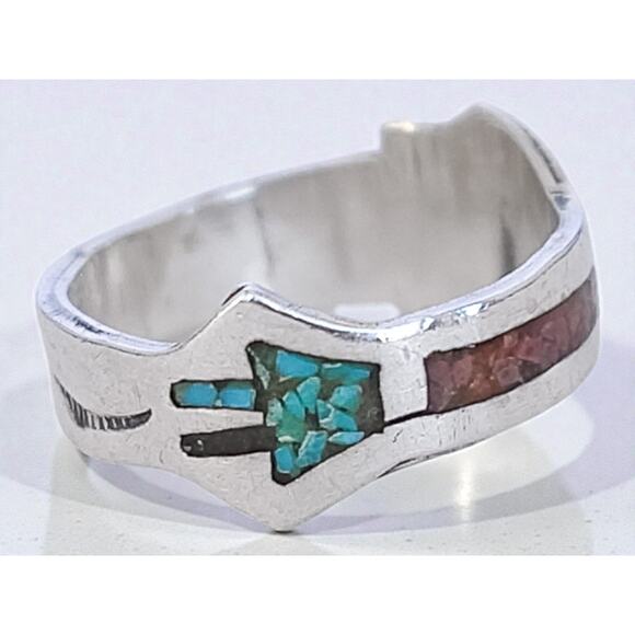 Vintage Native American 925 Silver Ring Turquoise Coral Inlay Southwestern - Picture 5 of 8